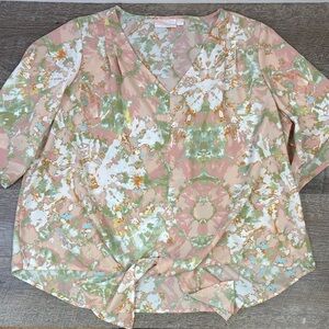 Belle by Kim Gravel Pastel Abstract Blouse | V-Neck Tie Front | Size 2X